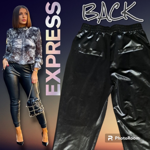 EXPRESS Vegan Liquid Leather Joggers in Black As Night Couquette Vamp Sz Large - Picture 3 of 6